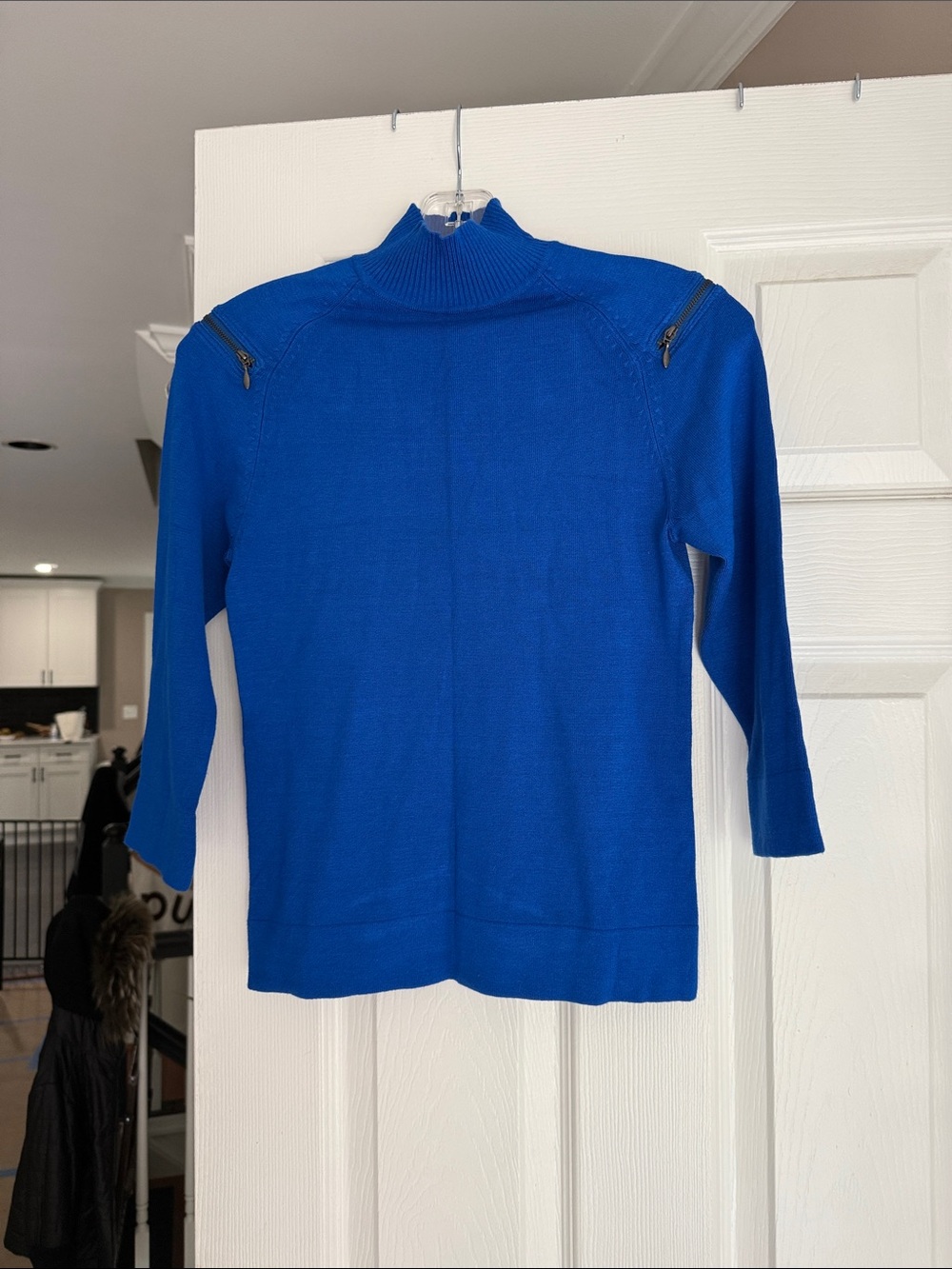 Cache Royal Blue Ribbed Mock Neck Sweater with Shoulder Detail